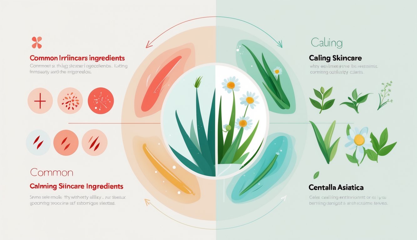 An illustration showing a comparison between irritating skincare ingredients and calming natural ingredients like aloe vera and chamomile, connected by arrows indicating ingredient swaps.
