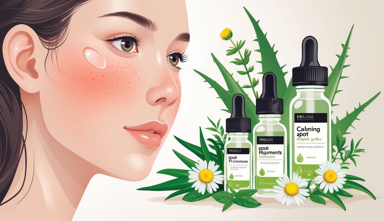 Close-up of a woman's face with redness being treated by skincare bottles and natural ingredients nearby.