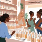 A group of diverse people shopping for SPF foundation products in a modern beauty store with well-lit shelves and a welcoming atmosphere.