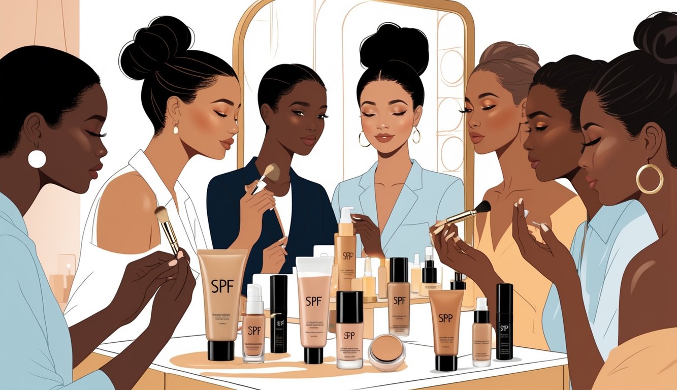 A group of diverse women applying SPF foundations at a beauty studio vanity table filled with makeup products.