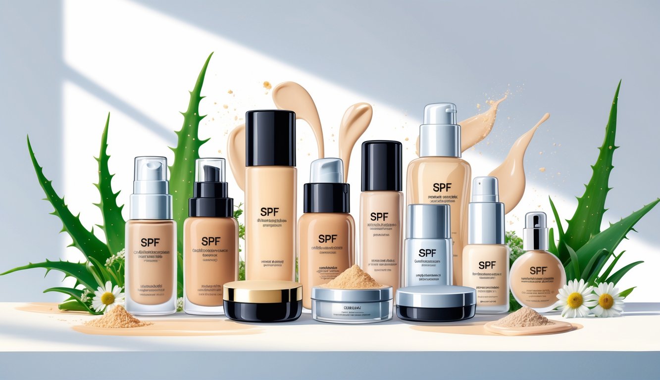 An arrangement of various SPF foundation bottles and compacts with different formulas and finishes, displayed with natural ingredients and soft sunlight effects.