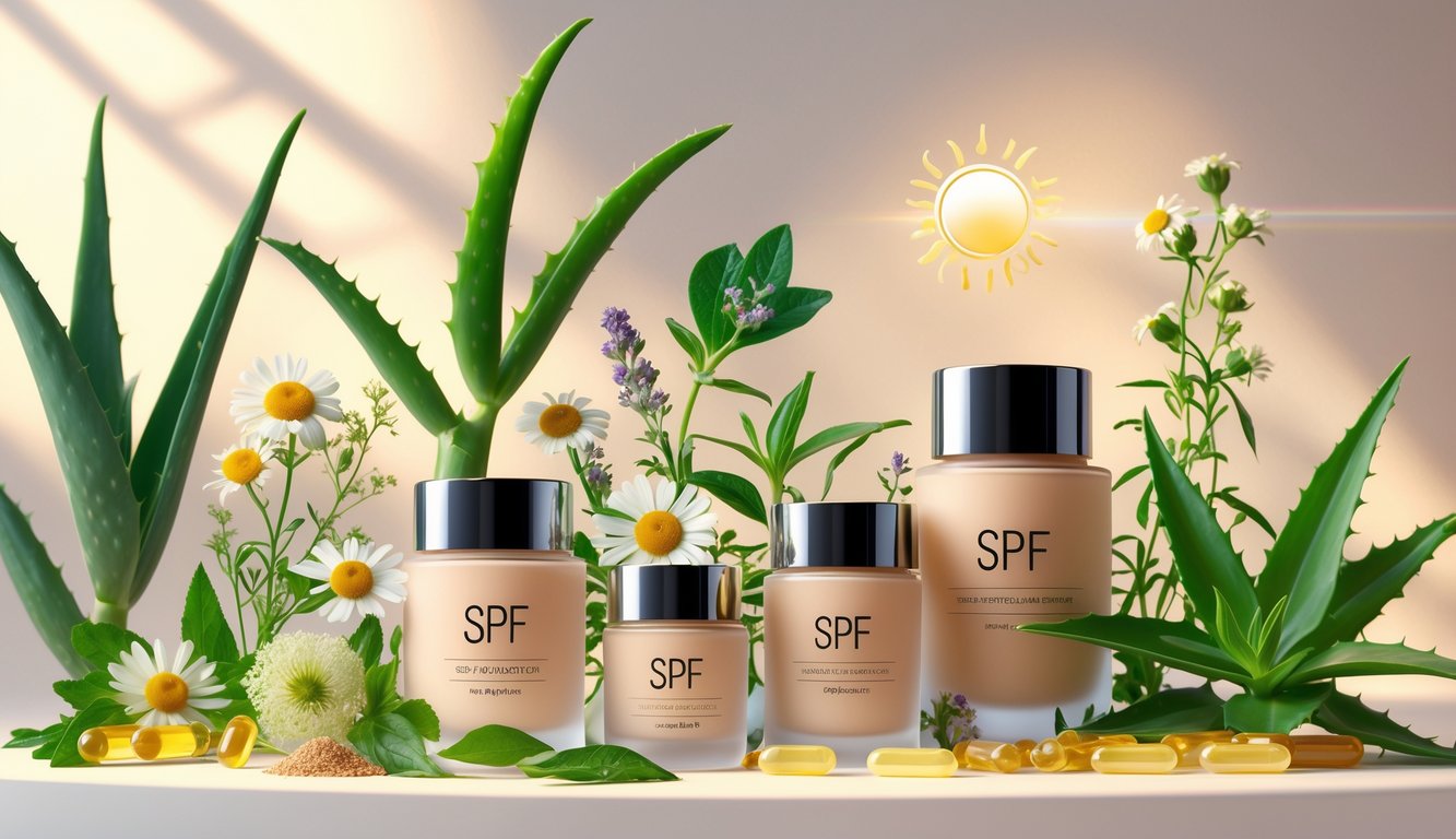 An arrangement of natural ingredients and foundation bottles representing effective SPF skincare products with soft sunlight in the background.