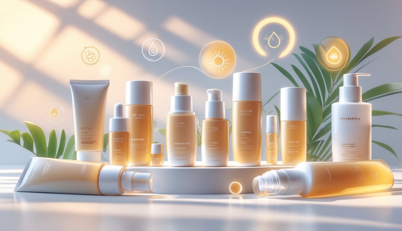 An arrangement of sunscreen bottles and tubes surrounded by icons representing skin hydration, glow, UV protection, and antioxidants, set against a light background with sunlight effects.