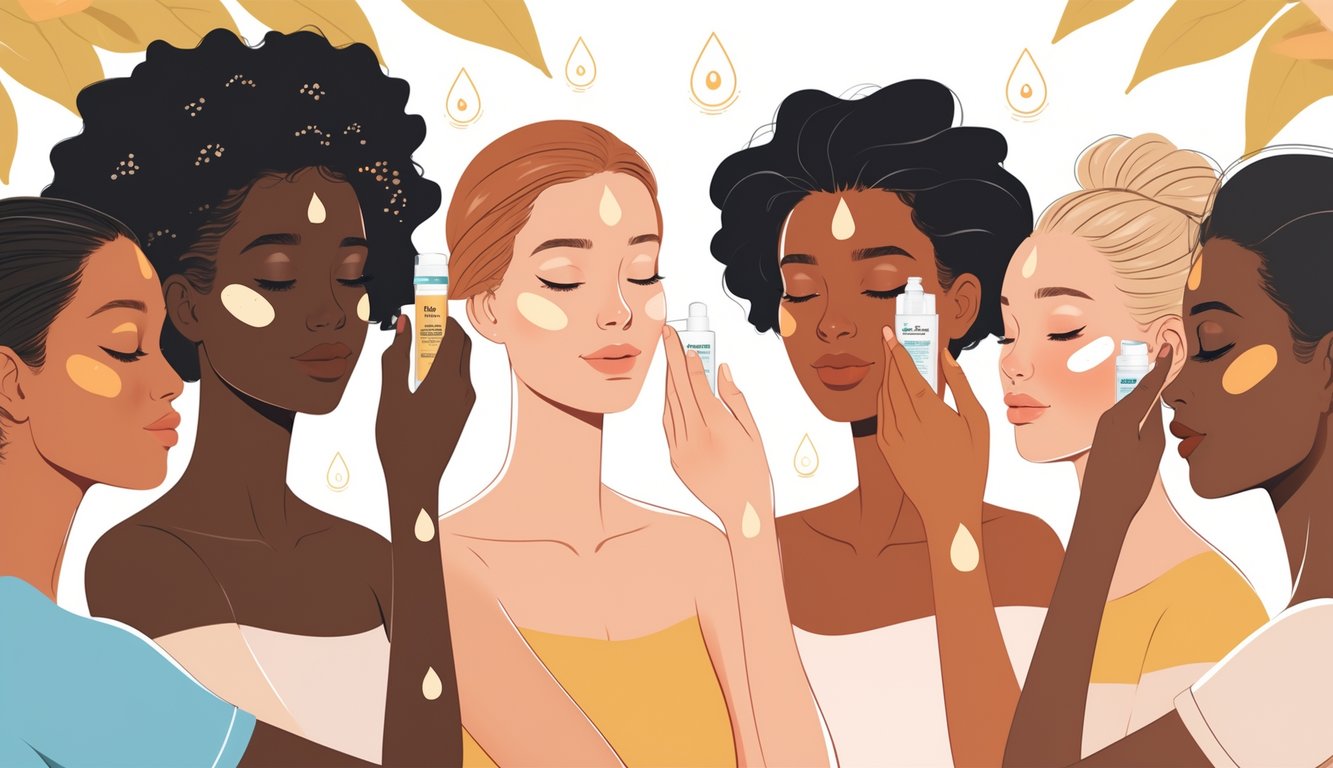 A group of diverse people with different skin tones and types applying sunscreen, surrounded by icons representing skin benefits under warm sunlight.