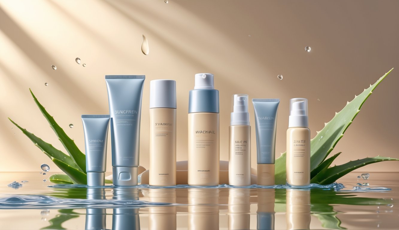 A collection of sunscreen bottles and tubes on a clean surface surrounded by aloe leaves and water droplets with soft sunlight in the background.