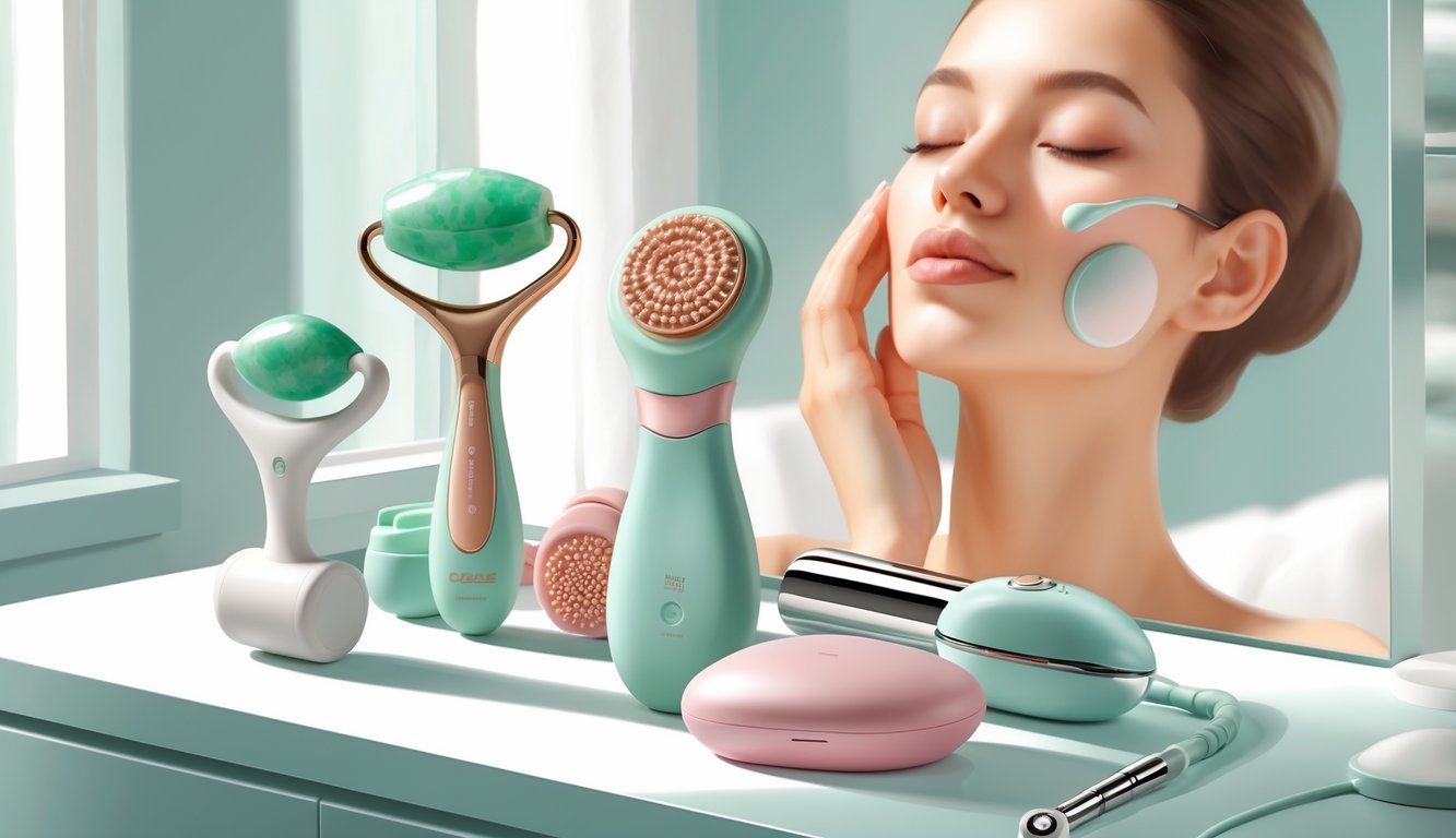 A collection of facial massage tools on a vanity table with a relaxed adult woman using one on her face in the background.