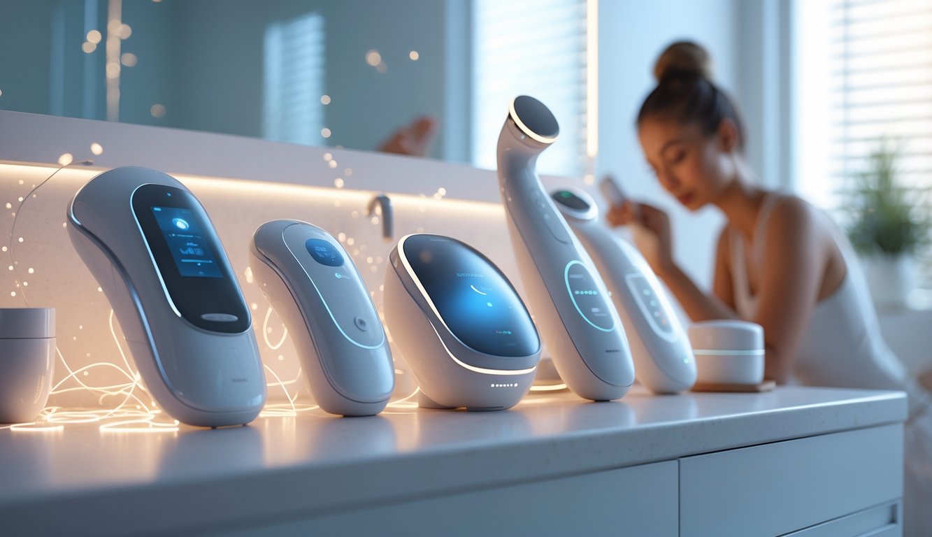 A modern bathroom countertop with advanced beauty devices glowing softly, and a relaxed adult preparing for skincare in the background.