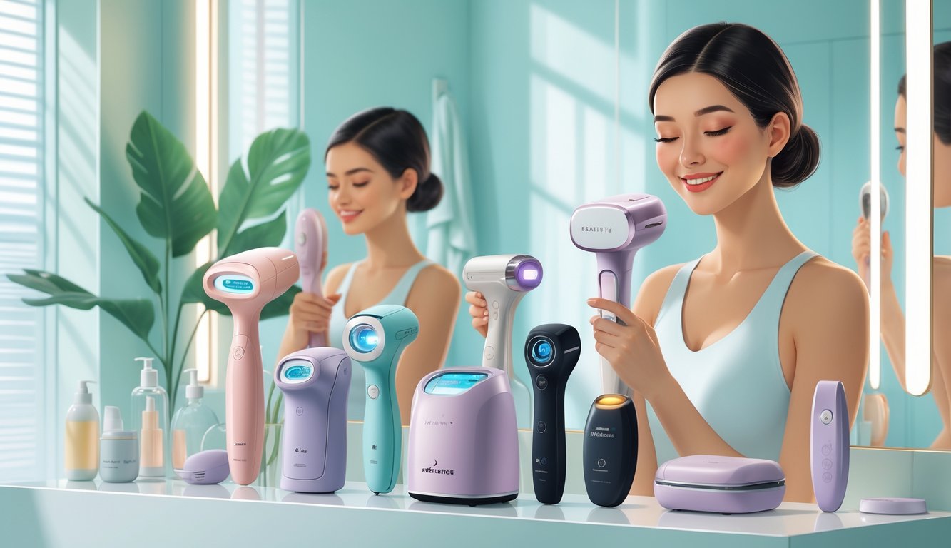 A bathroom vanity displaying various at-home hair removal devices with a woman preparing to use one, conveying ease and confidence.
