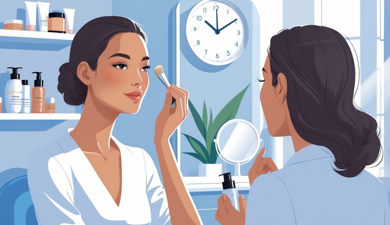 An adult woman applying foundation in front of a bathroom mirror with skincare products on a shelf and a clock in the background.