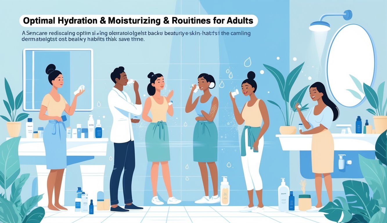 Adults in a bright bathroom applying moisturizer, drinking water, and cleansing their faces with skincare products arranged nearby.