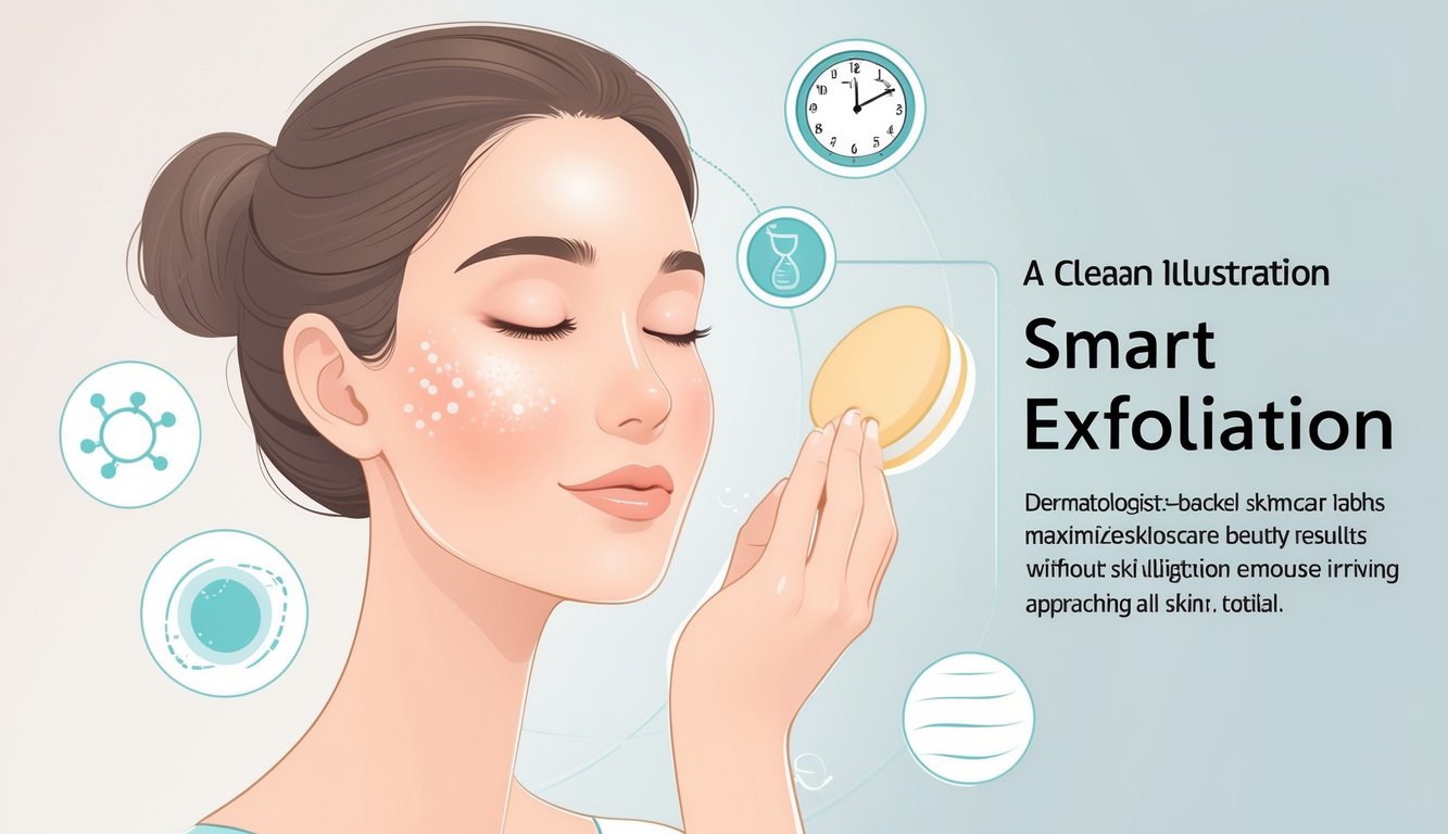 An adult woman gently exfoliating her face with skincare tools, surrounded by symbols representing skincare science and time-saving beauty habits.