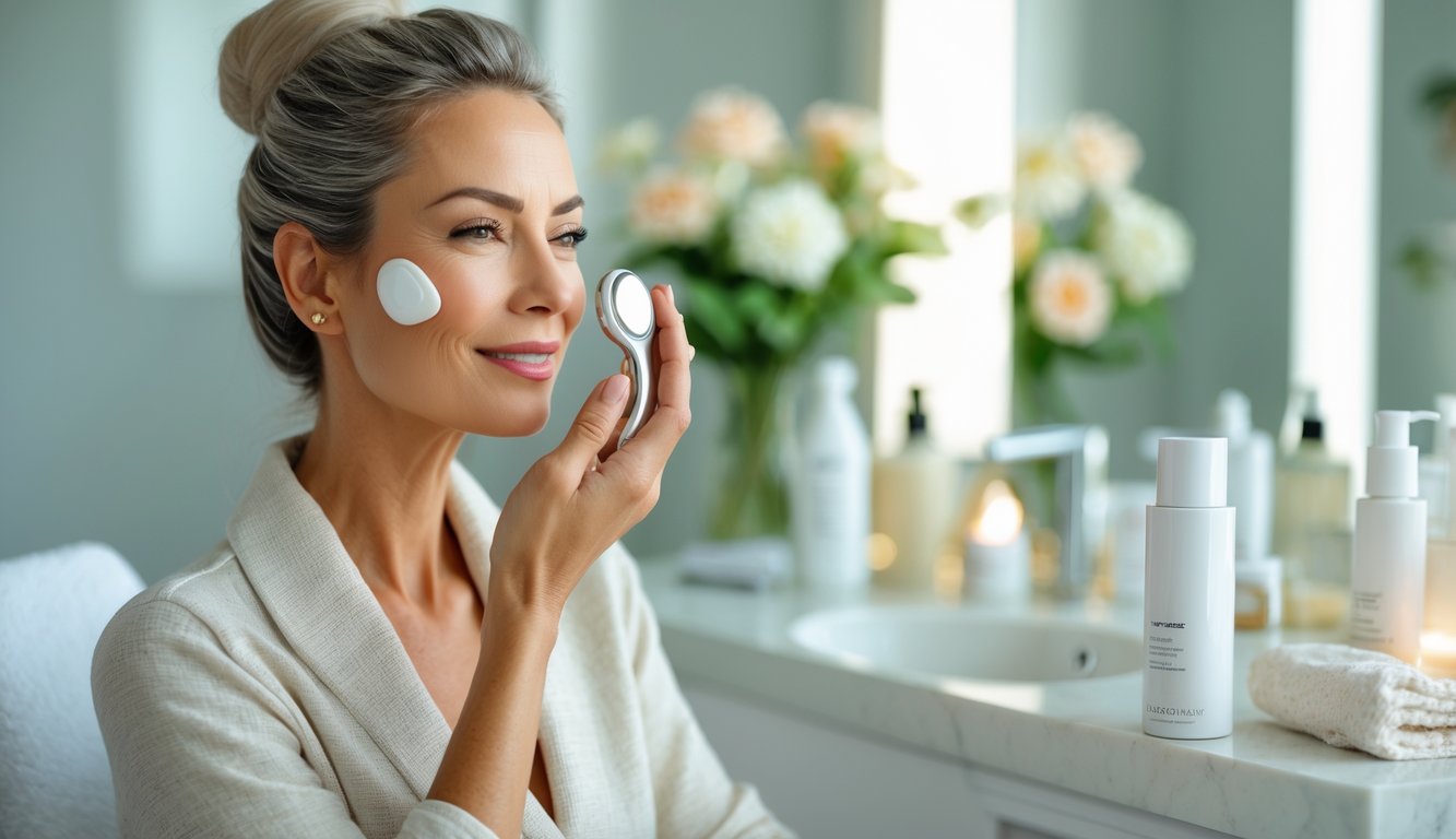 A woman in her late 30s using anti-aging beauty tools on her face in a bright bathroom with skincare products and flowers nearby.