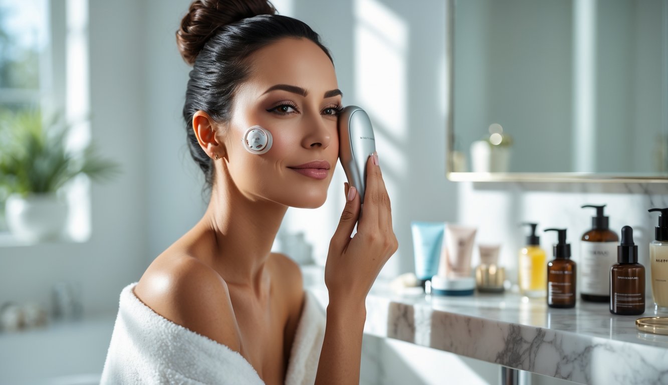 A woman in her late 30s using an anti-aging facial beauty tool in a bright bathroom with skincare products on the counter.