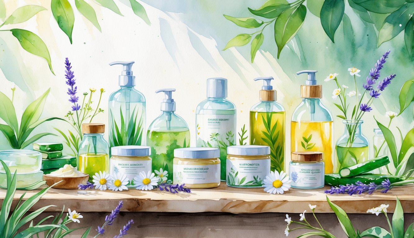 A collection of natural beauty products with green leaves and white flowers arranged on a wooden surface.