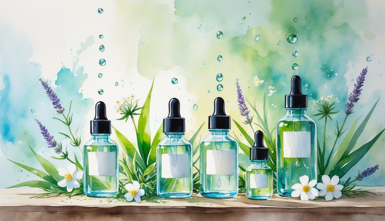 A peaceful scene with glass bottles, green leaves, and white flowers arranged on a wooden surface with soft sunlight filtering through.