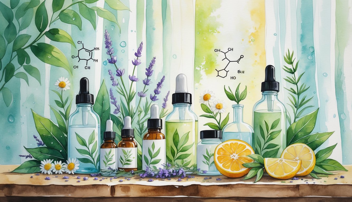 A peaceful arrangement of natural skincare products and fresh plants on a wooden surface with soft sunlight and water in the background.