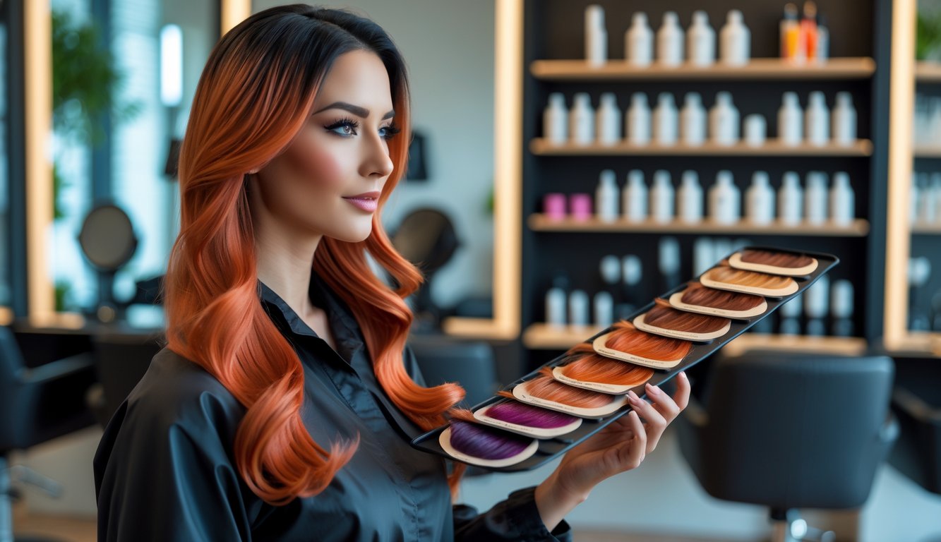 A hairstylist holding a palette of hair dyes in a modern salon with shelves of hair color products in the background.