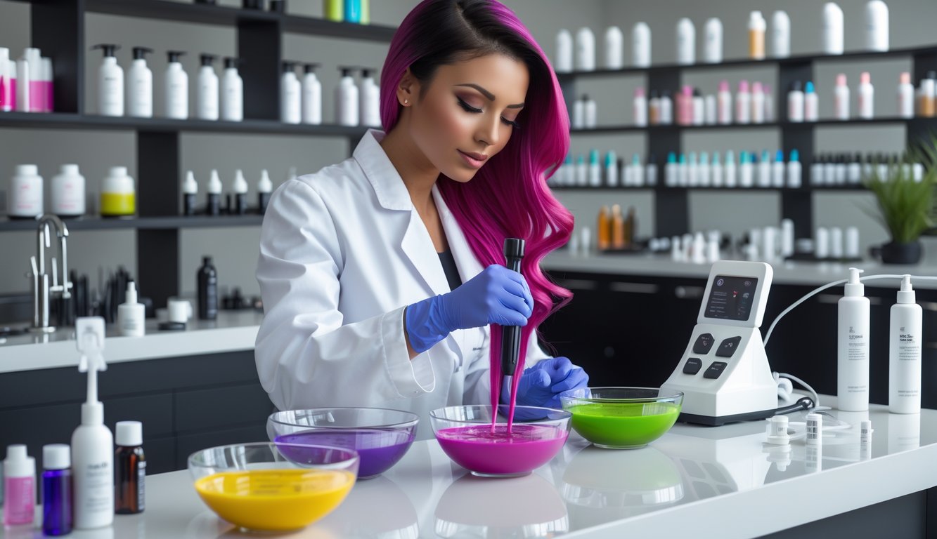 A hairstylist mixing vibrant hair dye colors in a modern salon with scientific tools and hair color products visible in the background.