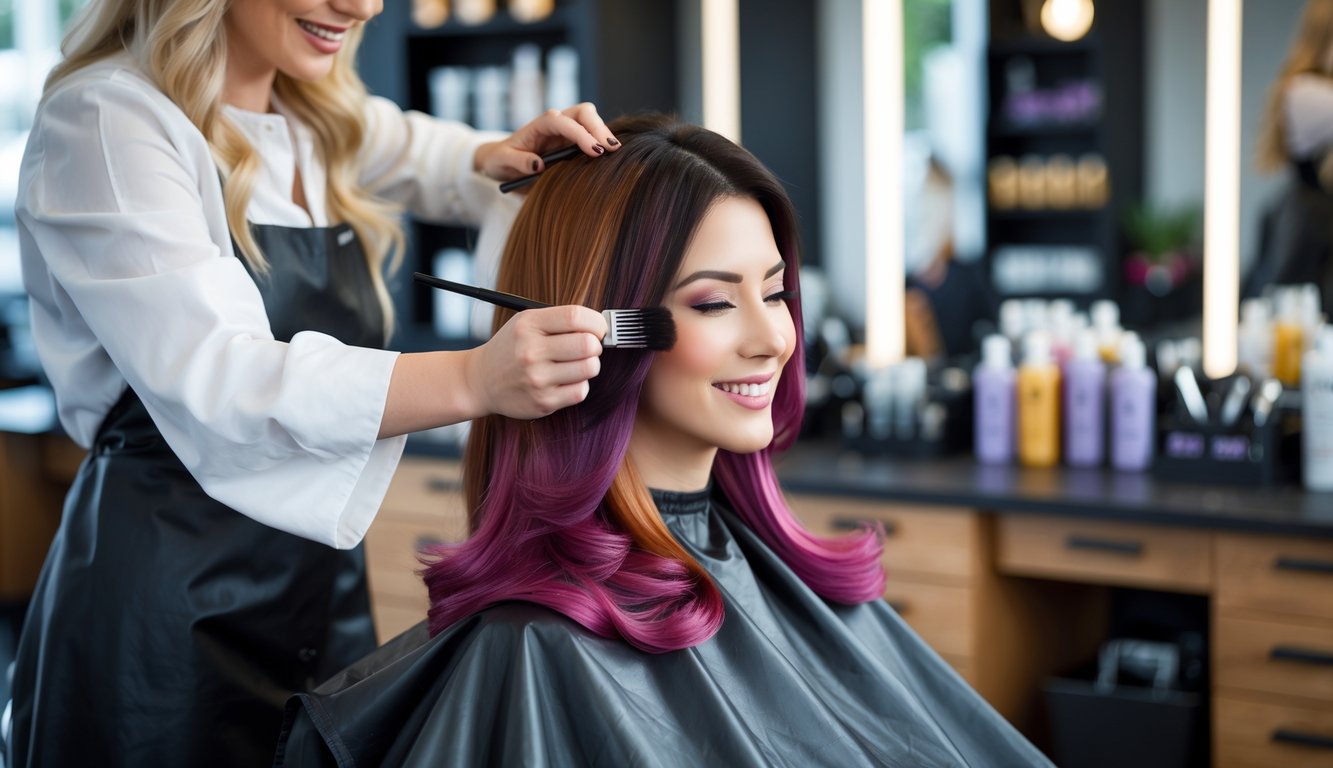 Hairstylist applying vibrant hair color to a smiling client in a modern salon setting.
