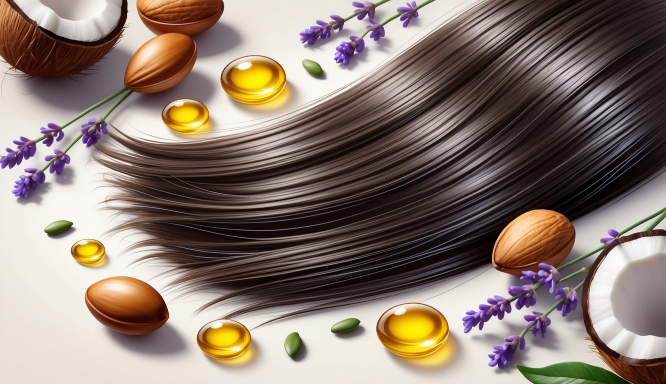 Close-up of healthy, shiny hair strands surrounded by natural ingredients like argan nuts, jojoba seeds, coconut halves, and lavender sprigs.