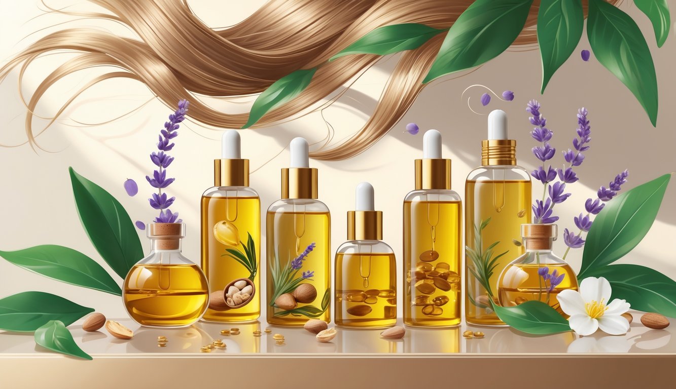 A collection of glass bottles with natural hair repair oils surrounded by green leaves and flowers, with healthy shiny hair strands in the background.