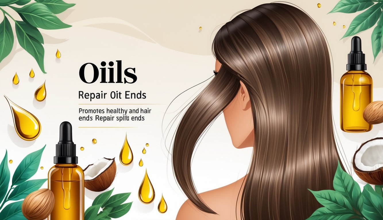 Close-up of a woman's hair transitioning from damaged split ends to healthy, shiny hair surrounded by natural oil droplets and botanical ingredients.