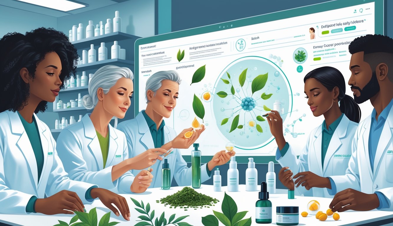 Dermatologists examining skincare ingredients in a lab with skincare products and digital displays showing daily routines.