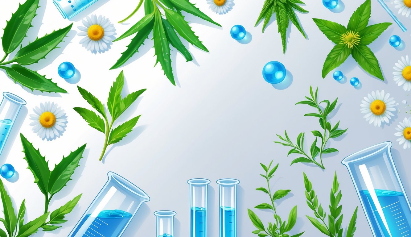 An arrangement of natural skincare ingredients and scientific glassware symbolizing dermatologist-backed healthy skin solutions.