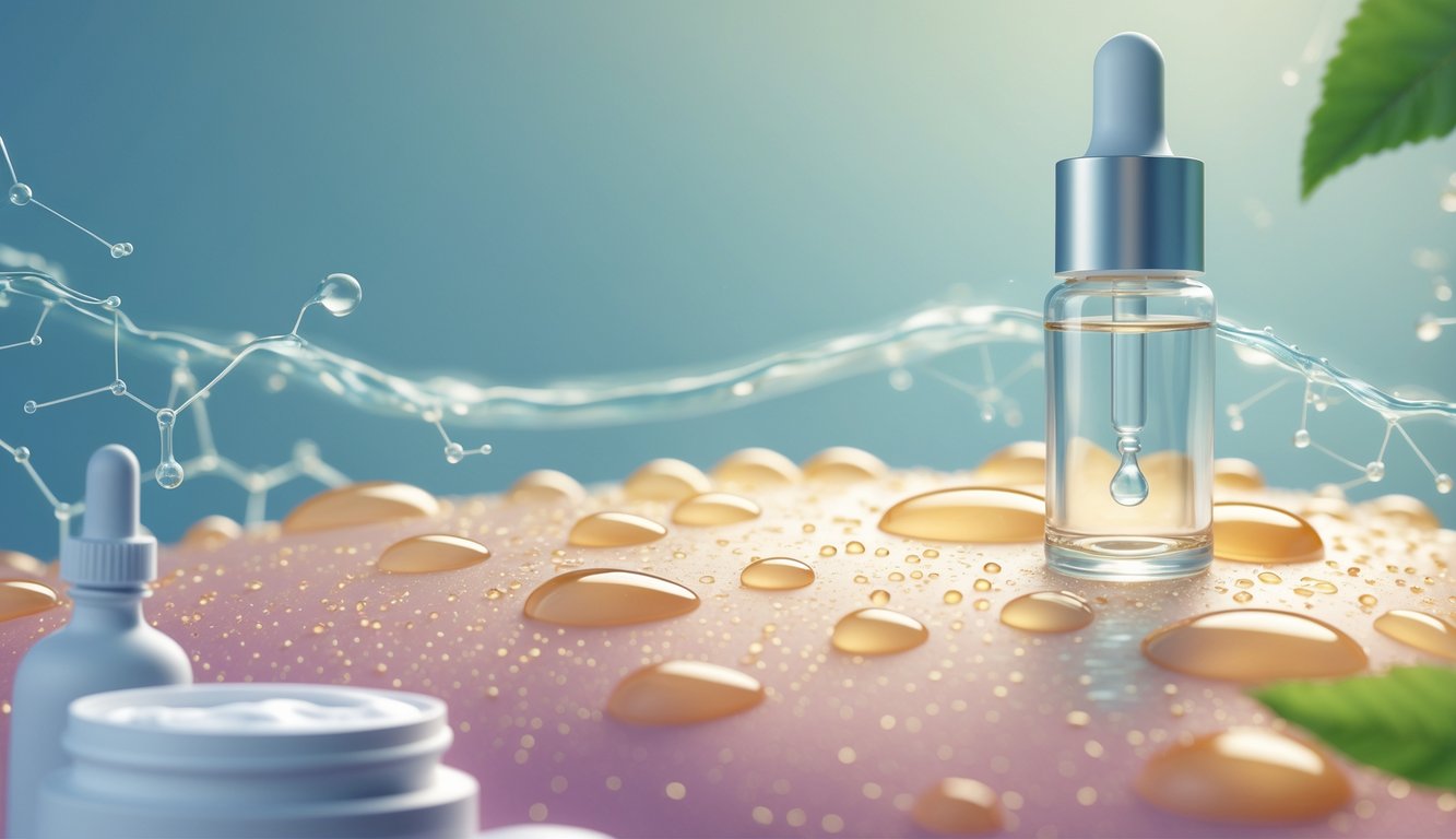 Close-up of glowing skin with moisture droplets and molecular structures symbolizing hydration and skin barrier strength, alongside skincare products.