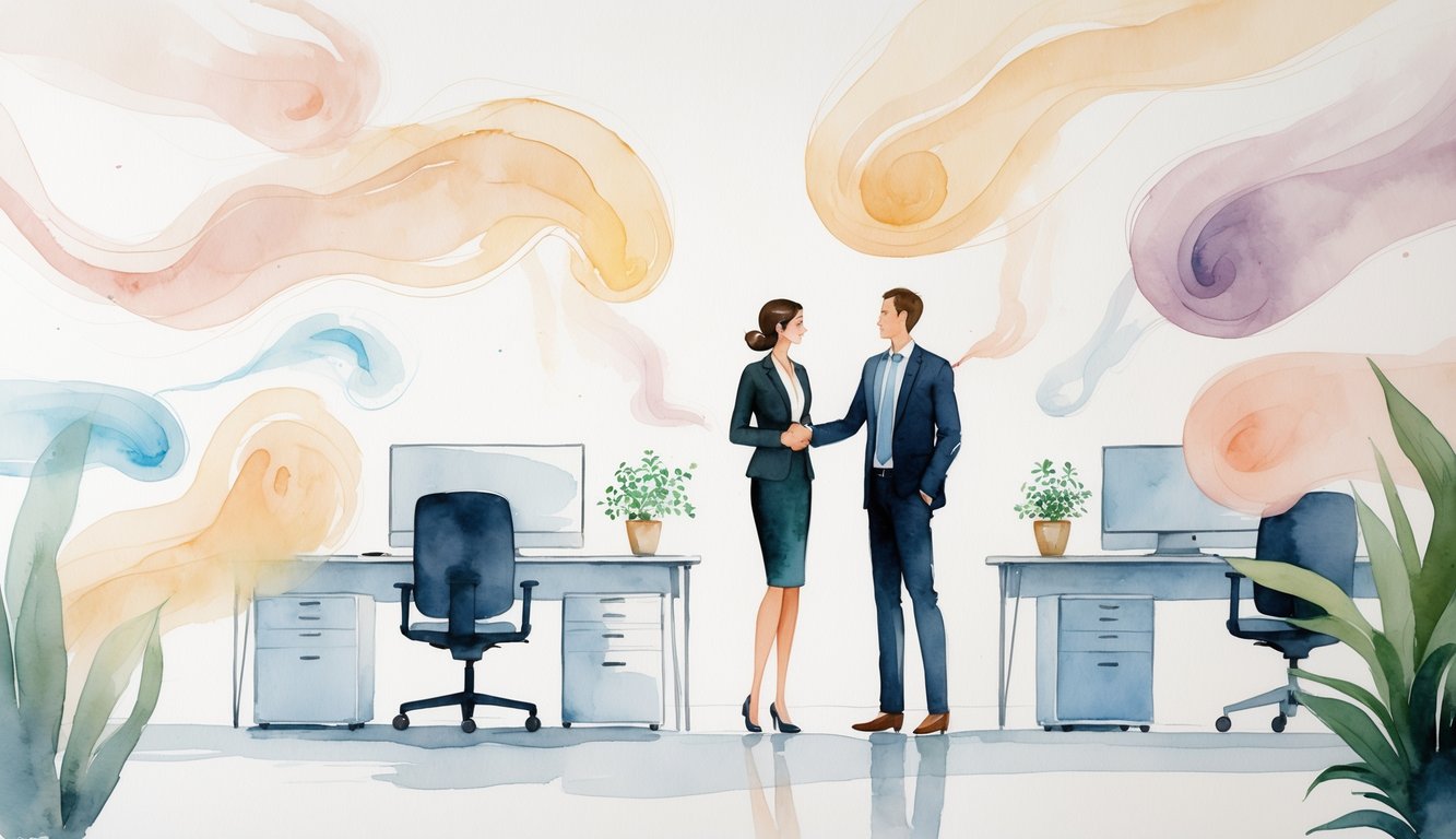 Two colleagues warmly greeting each other in an office with soft colored mist representing perfume floating around them.