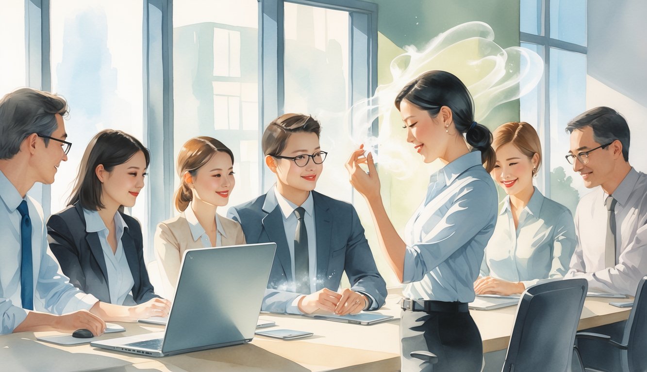 A quiet office scene where a woman applies perfume on her wrist while coworkers nearby exchange polite smiles and glances.