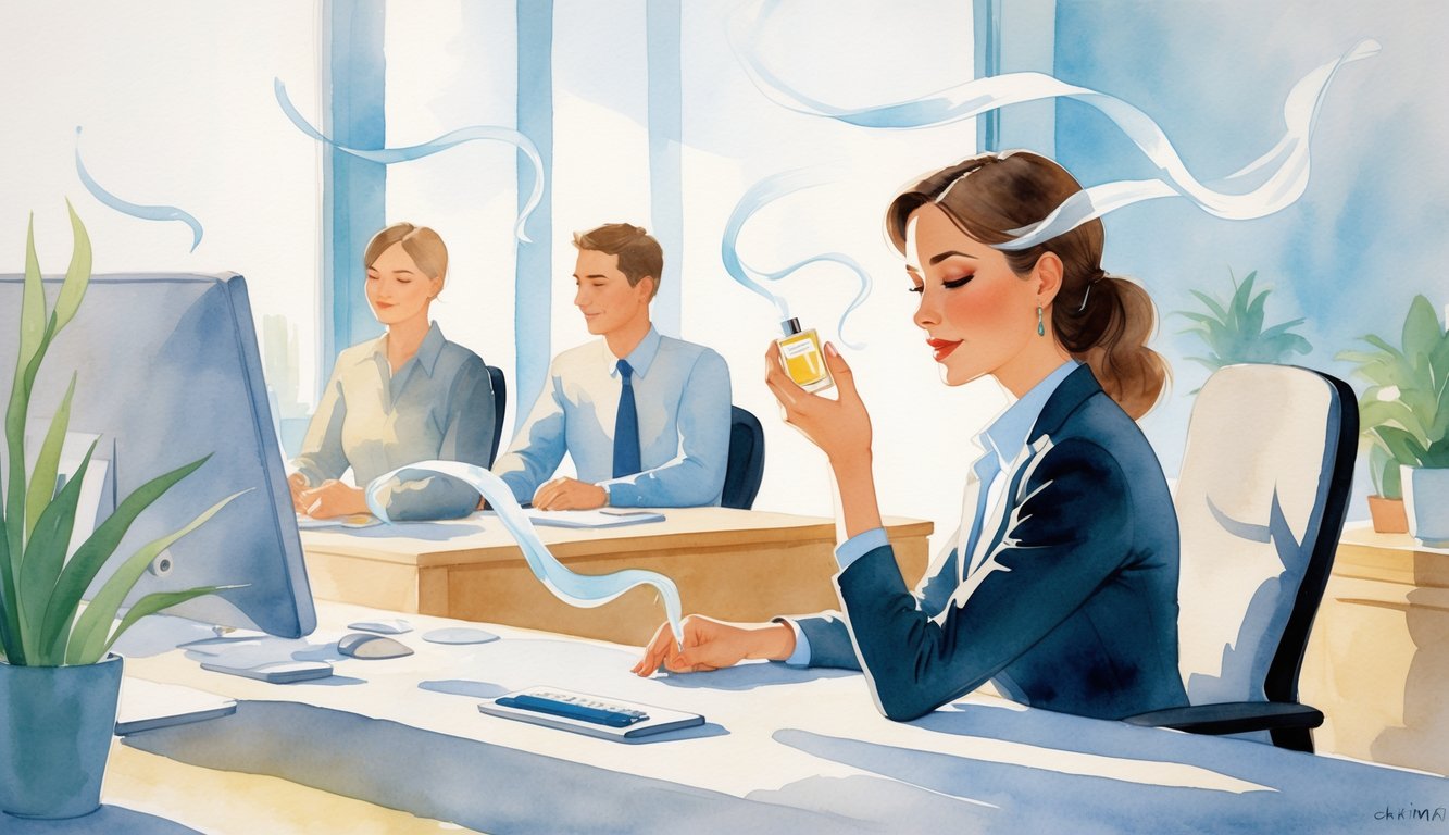 A professional woman applying perfume at her desk while colleagues nearby display positive and relaxed reactions in an office setting.