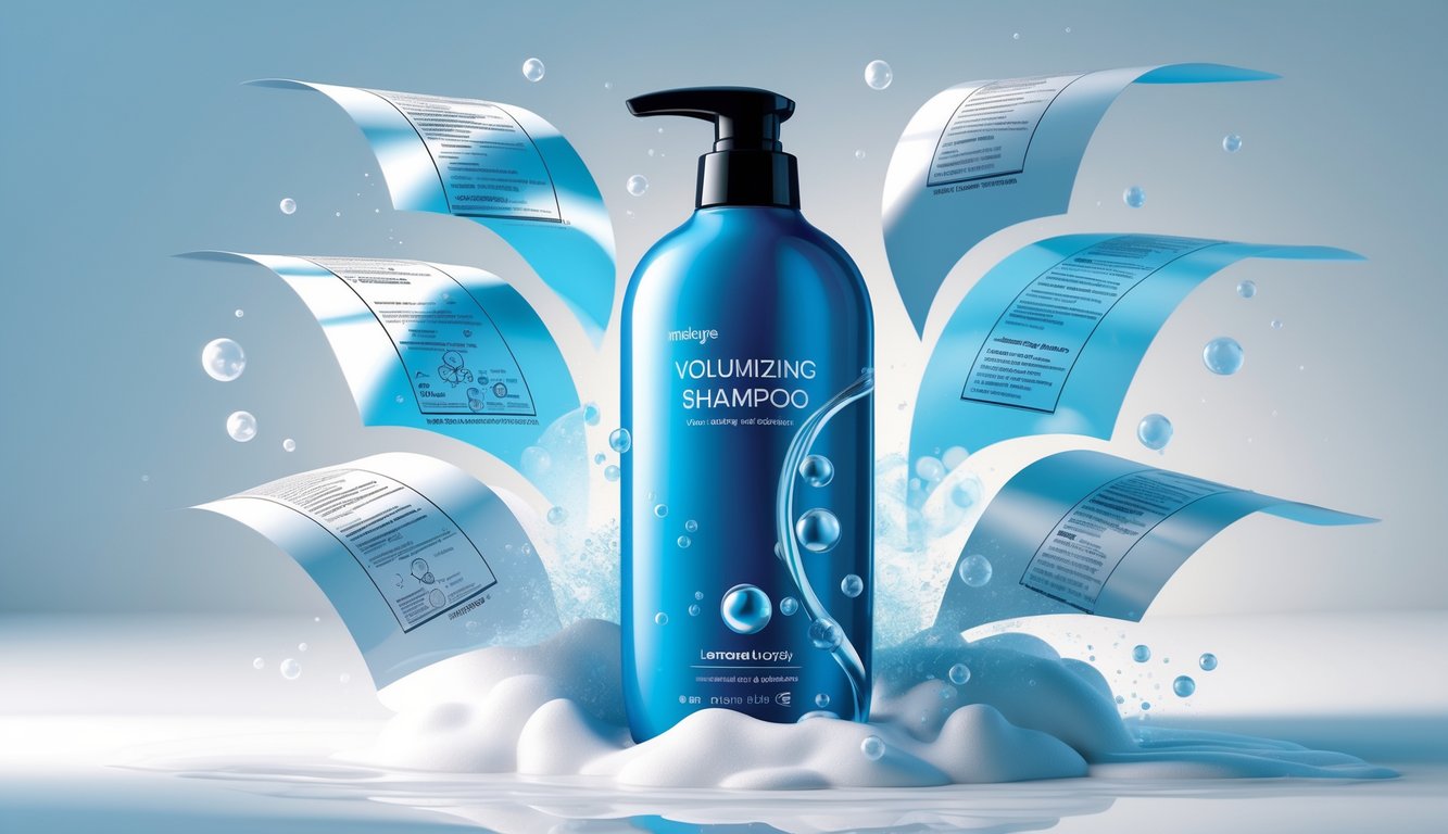 A shampoo bottle surrounded by rising foam and bubbles with layered labels being peeled back to reveal detailed ingredient structures and molecular diagrams.