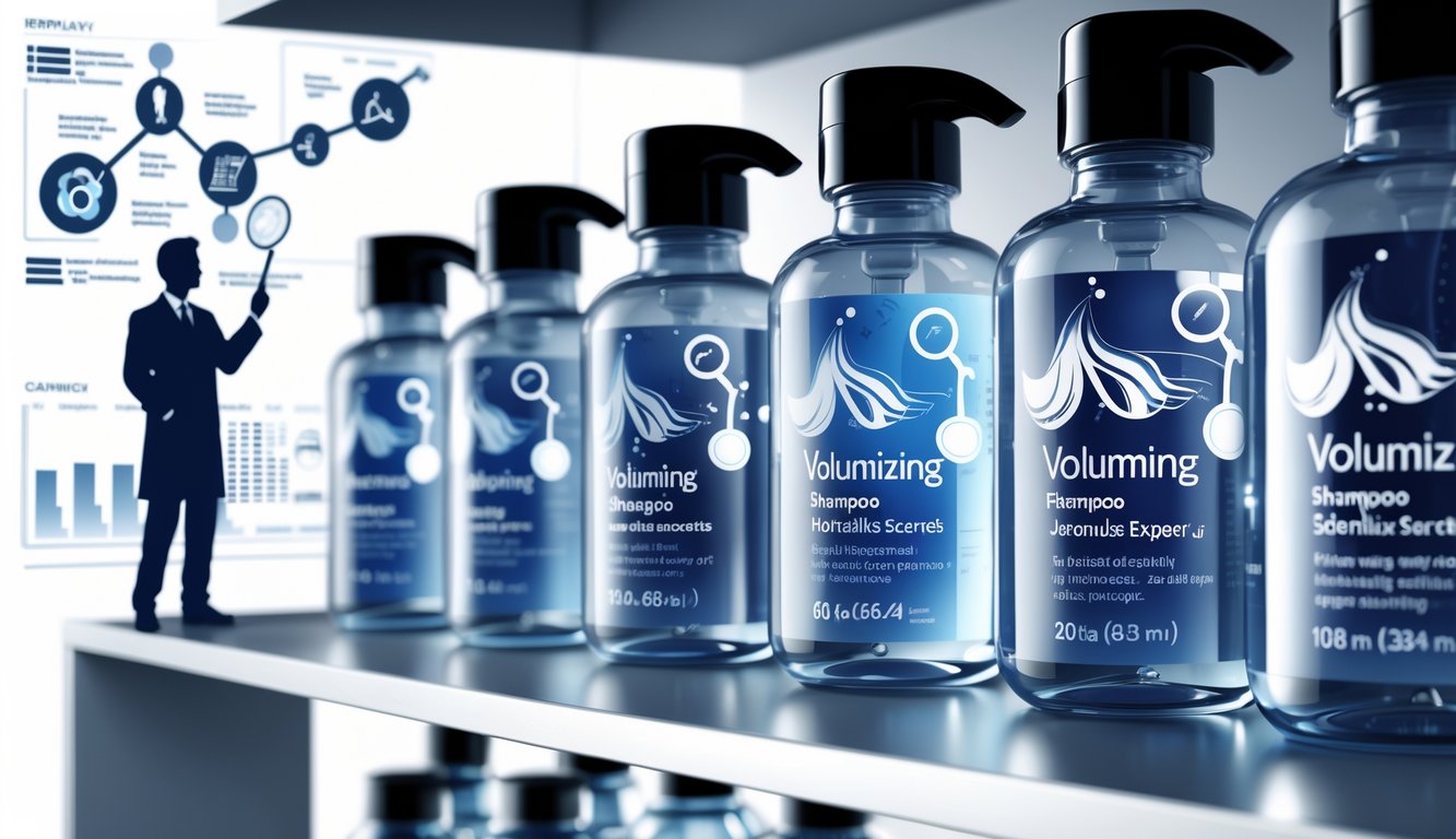 Close-up of volumizing shampoo bottles on a shelf with silhouettes of experts discussing formulas in the background.