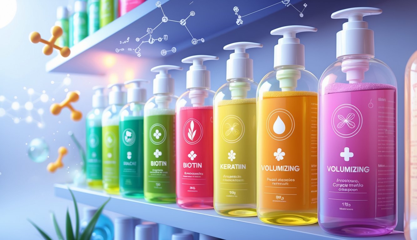 Close-up of several volumizing shampoo bottles with ingredient icons and molecular symbols floating around them on a bright background.