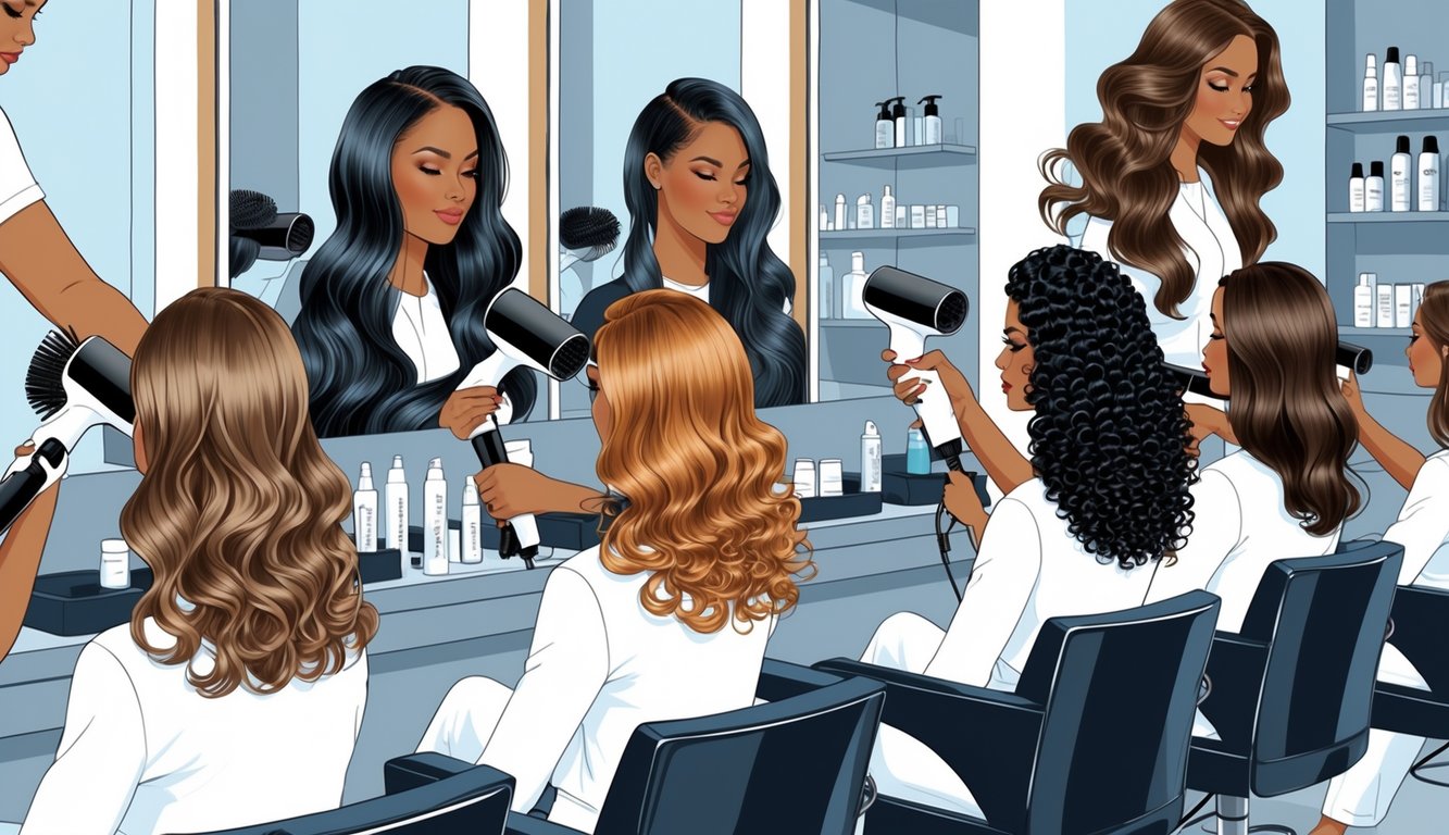 Hairstylists styling different hair types with blow dryers and brushes in a salon.