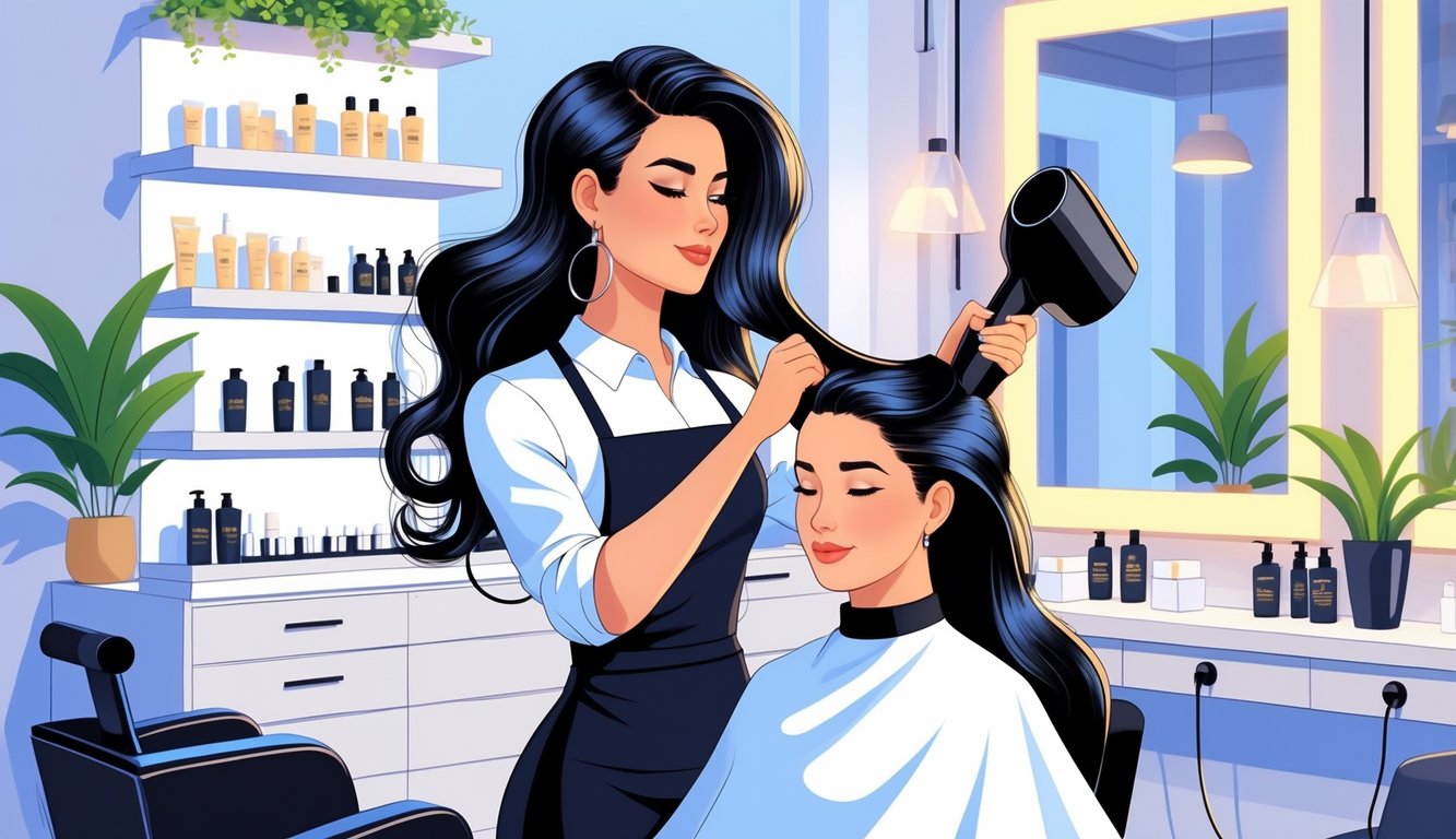 A hairstylist blow-drying a client's hair in a modern salon with shelves of hair products in the background.