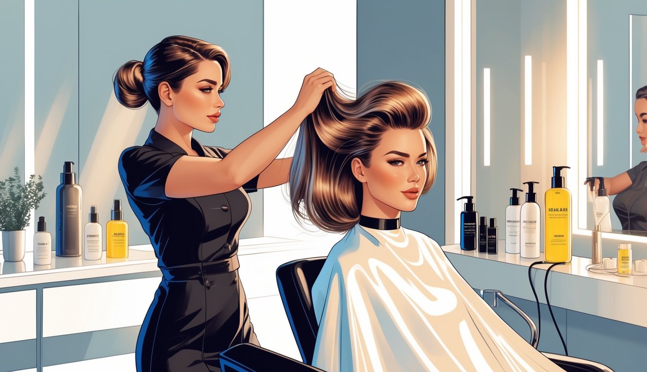 A stylist working on a client's hair in a salon, creating a voluminous, shiny, and smooth blowout.