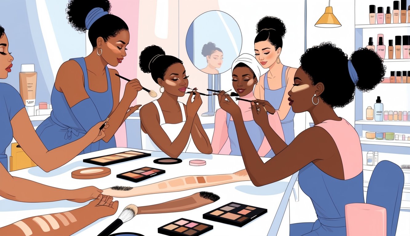 Makeup artists applying and comparing different levels of concealer coverage on models with diverse skin tones in a bright studio.