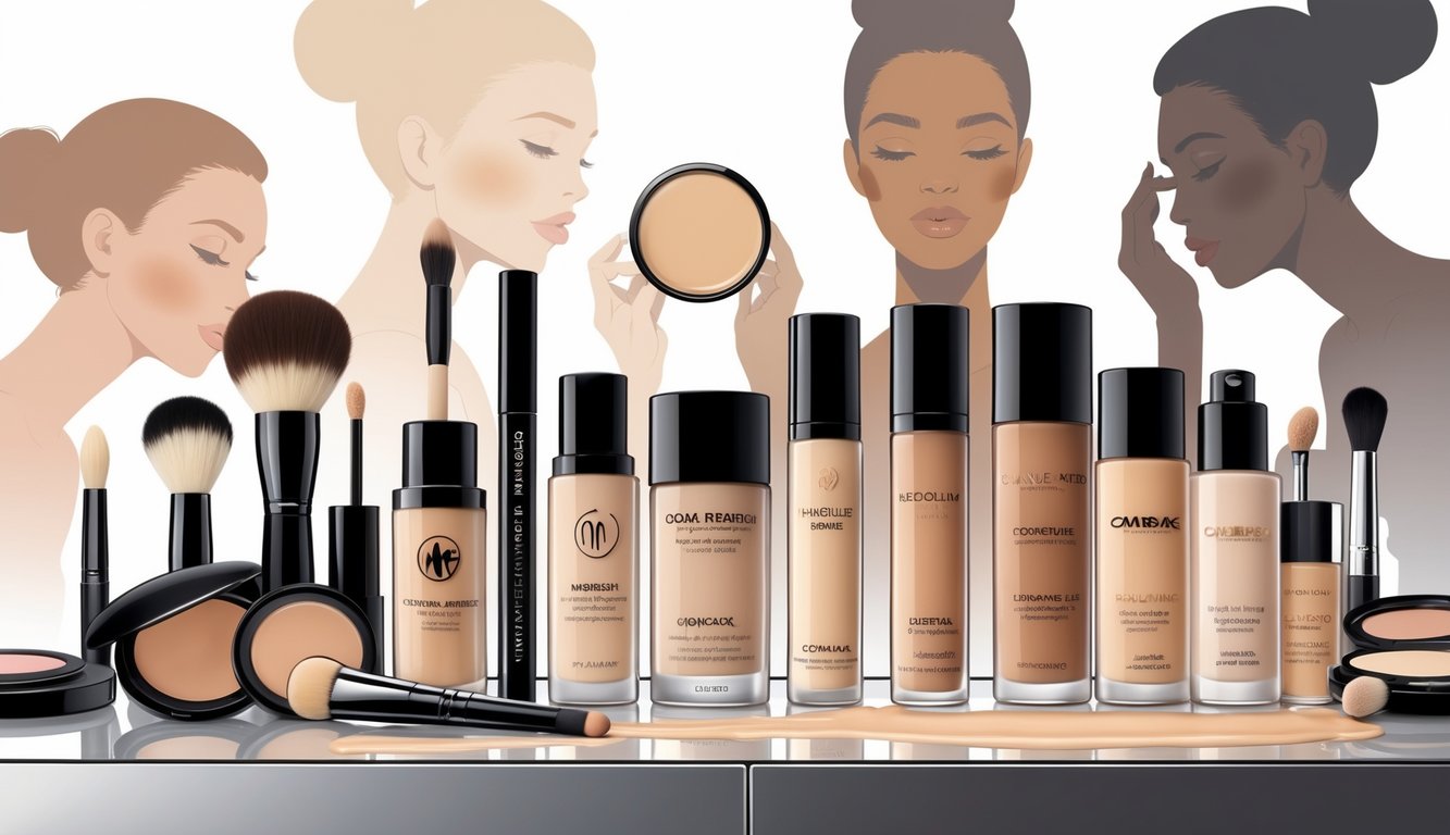 A variety of concealer products displayed on a vanity with makeup tools and makeup artists applying concealer on different skin tones in the background.