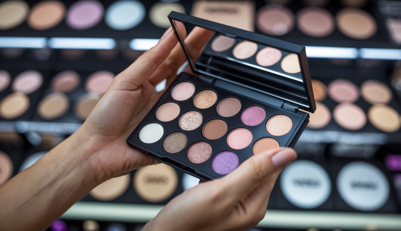 A close-up of a hand holding an open eyeshadow palette with multiple colors, with blurred makeup products in the background.