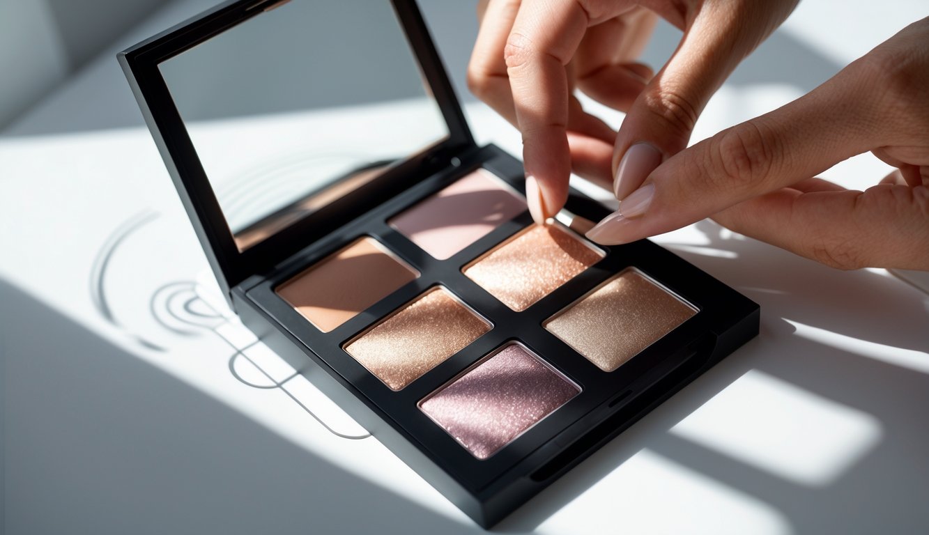 Close-up of hands holding an open eyeshadow palette showing multiple shades with subtle hidden markings on the palette surface.
