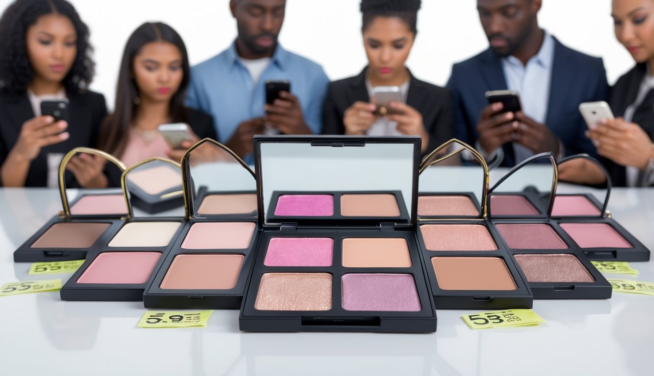 Close-up of open eyeshadow palettes with shoppers examining makeup products in the background.
