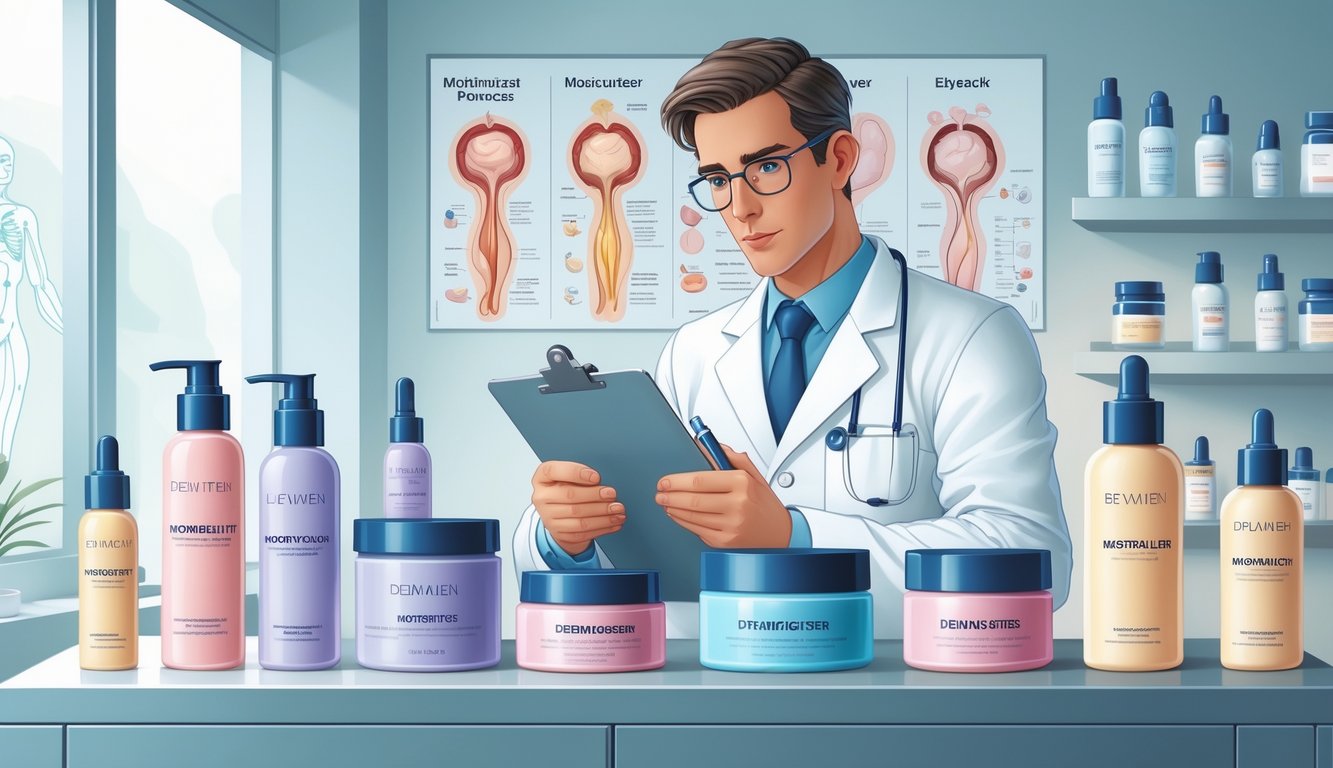 A dermatologist in a clinic carefully examining moisturizer products displayed on a shelf, looking thoughtful and analytical.