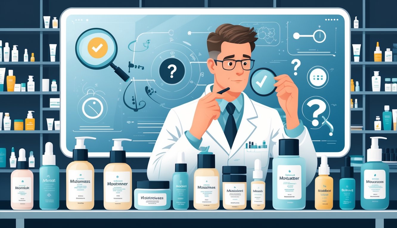 A dermatologist examines various moisturizer products in a clinical office with a digital screen showing scientific symbols in the background.