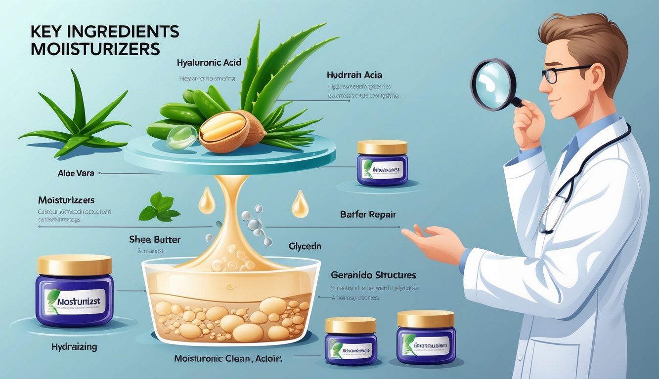 An illustration showing moisturizing ingredients like aloe vera, hyaluronic acid, and shea butter interacting with skin layers, with a dermatologist examining them and moisturizer bottles nearby.
