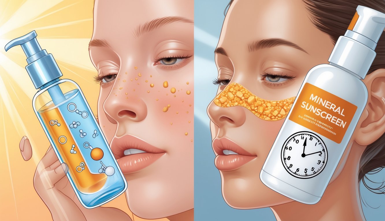 Split illustration comparing chemical and mineral sunscreens on skin, showing UV rays penetrating on one side and reflecting on the other, with visuals of common sunscreen application mistakes.