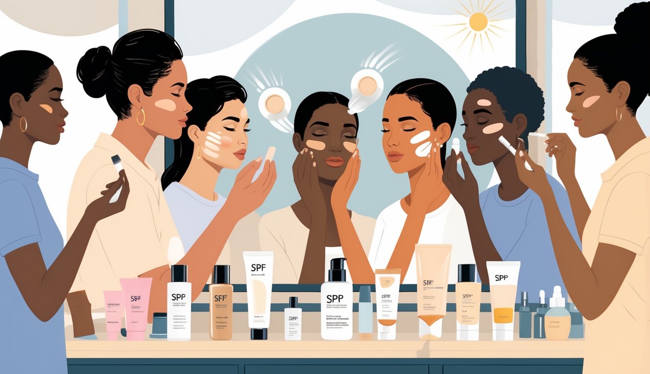 People applying foundation and sunscreen carefully to their faces with skincare products on a vanity in the background.