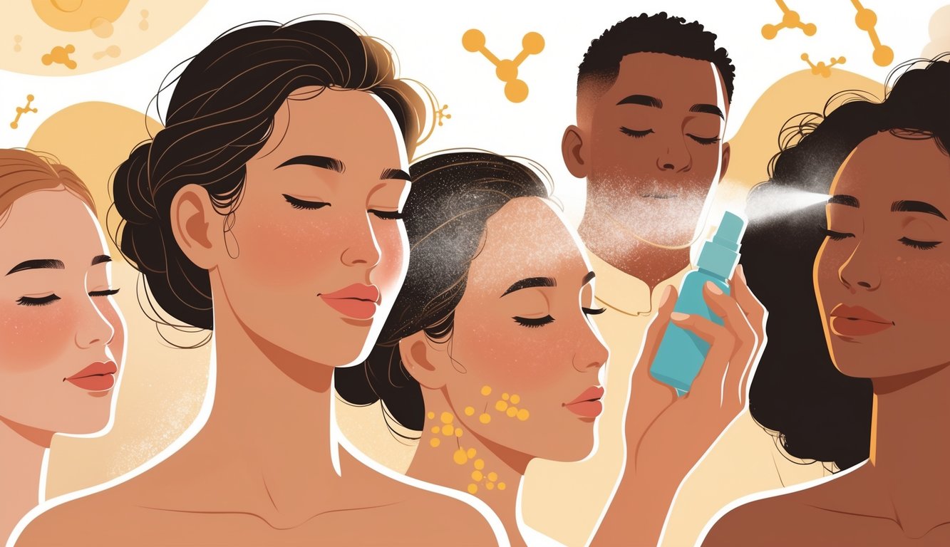Close-up of diverse people applying SPF mist on their skin with sunlight and abstract skin layers in the background.