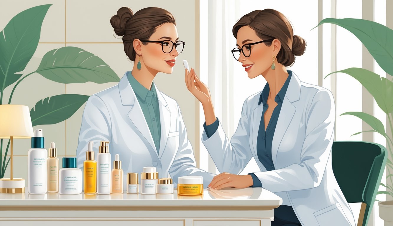 A dermatologist explains luxury skincare products to a busy adult woman at an elegant vanity table with various skincare items.